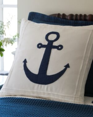 indigo anchor on white linen lumbar pillow
