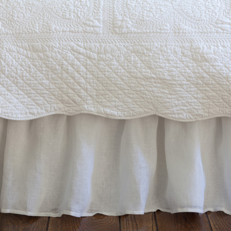 Linen Voile White Gathered Bed Skirt, Cal King Linen Bed Skirt