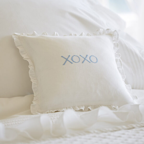 xoxo blue on white linen pillow