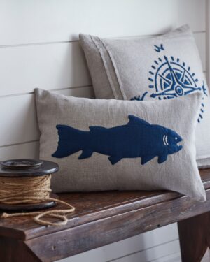 indigo fish on natural pillow