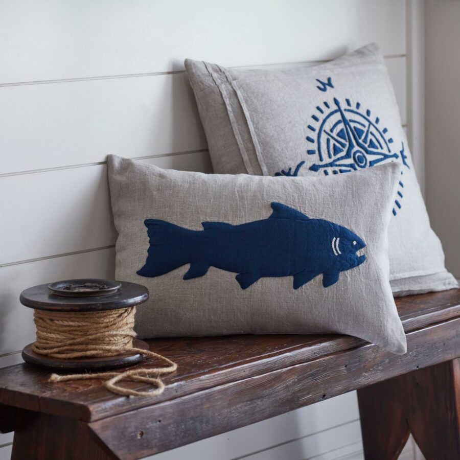 indigo fish on natural pillow