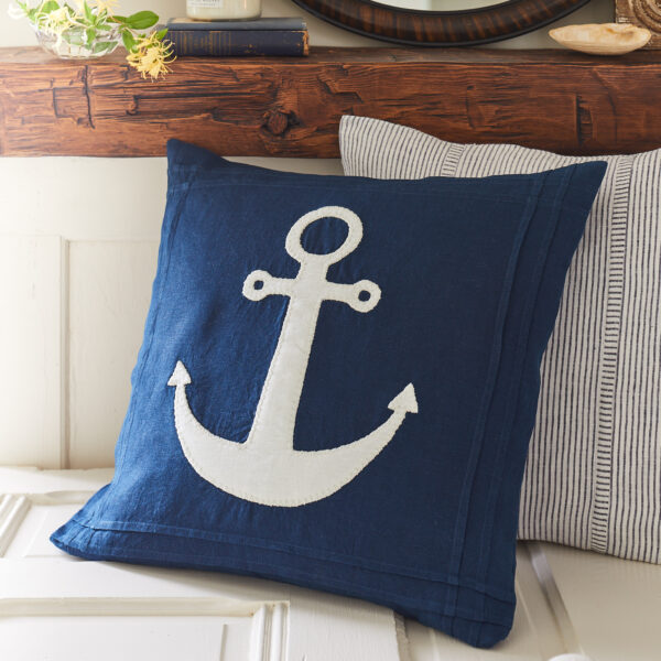 white anchor on indigo pillow
