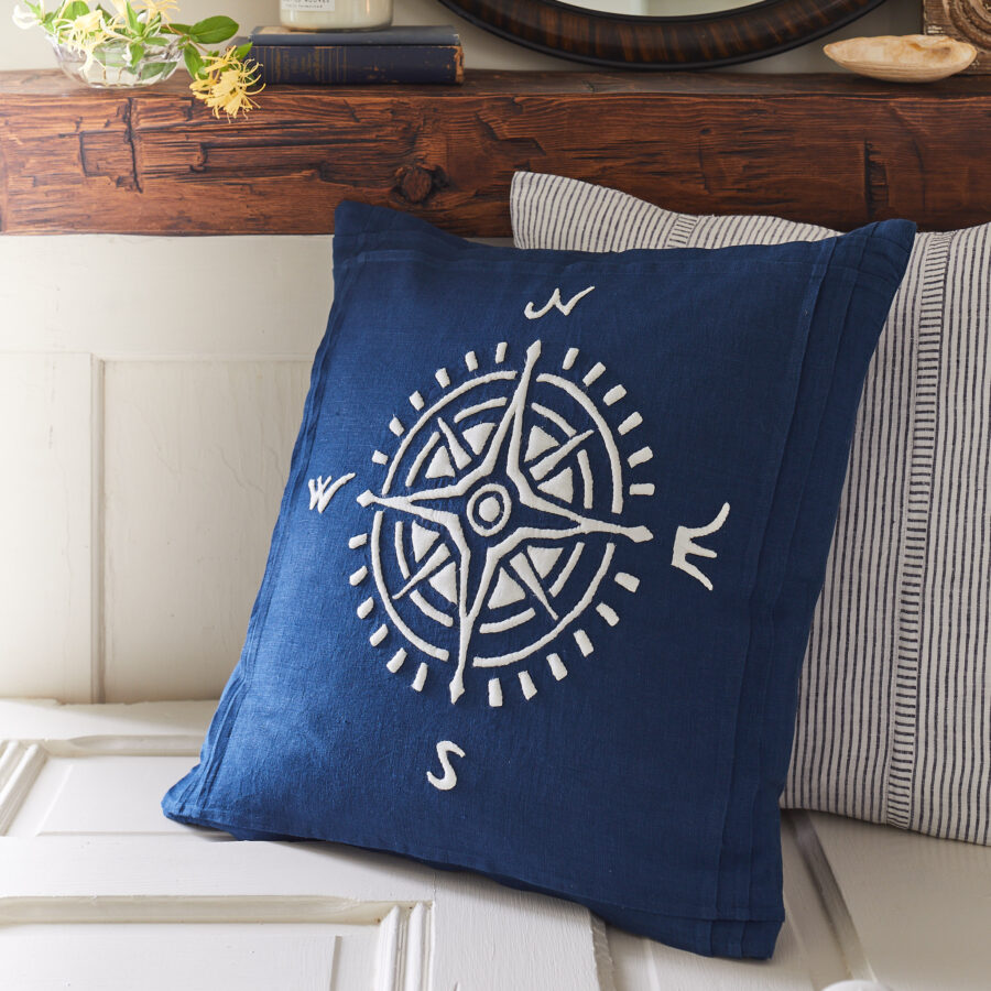 compass white on indigo pillow