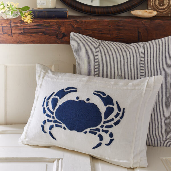 crab indigo on white pillow