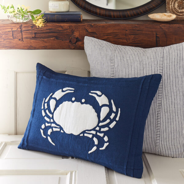 crab white on indigo pillow