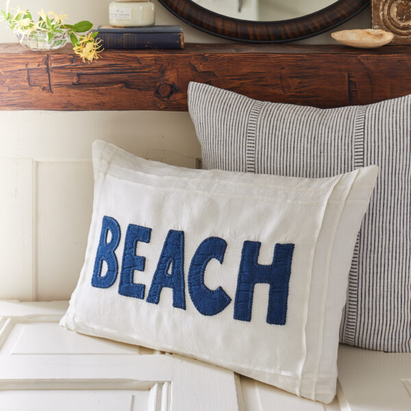 indigo beach on white linen pillow