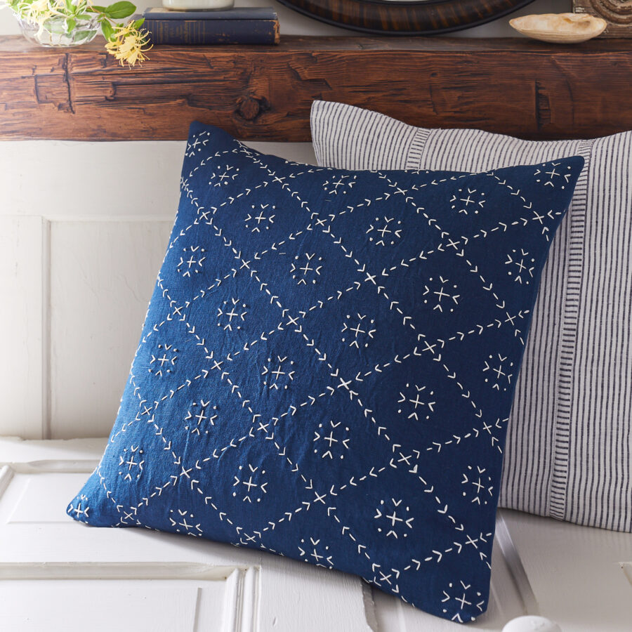 indigo featherstitch pillow