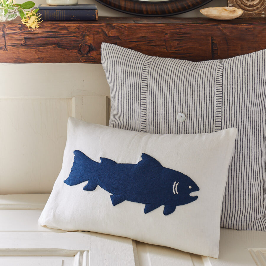 indigo fish on white linen