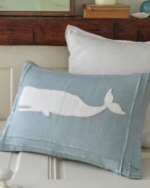 Whale White on Aqua Linen Pillow