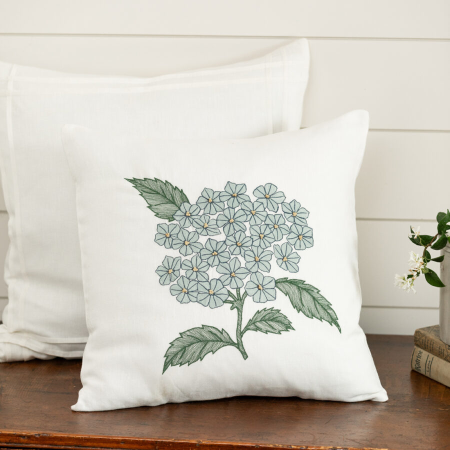 Hydrangea - Blue on White Linen Throw Pillow