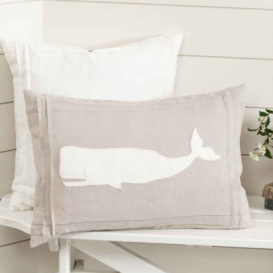 White Whale on Grey Linen Lumbar Pillow